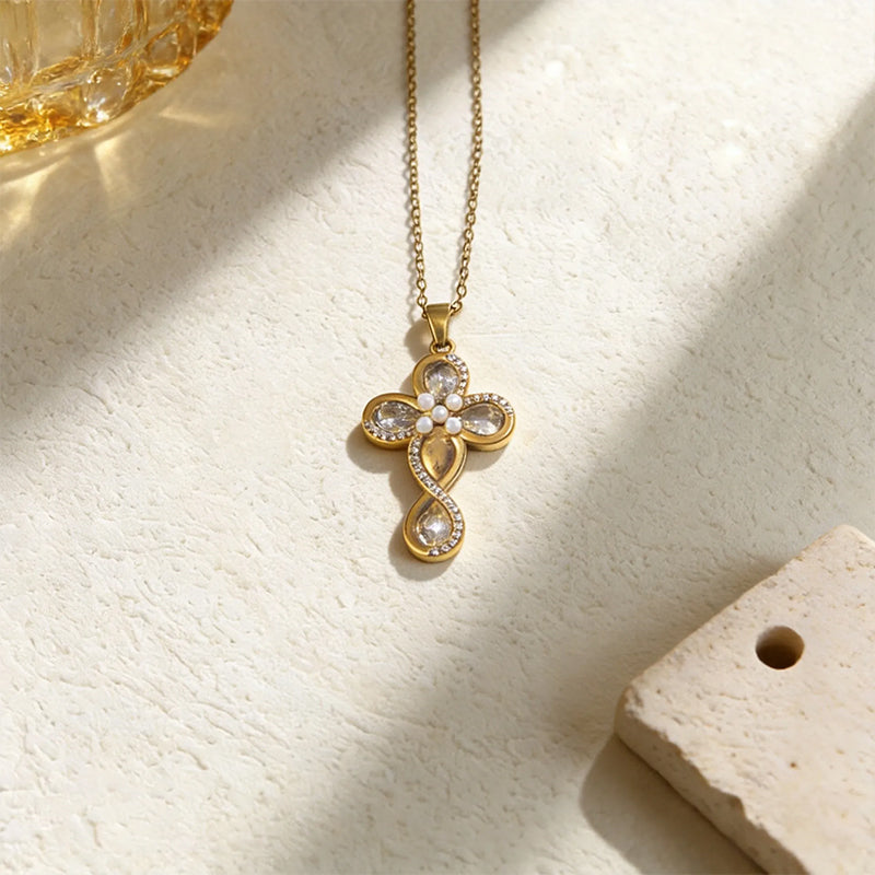 Stainless Steel Inlaid Rhinestone Cross Pendant Necklace Vera Lux