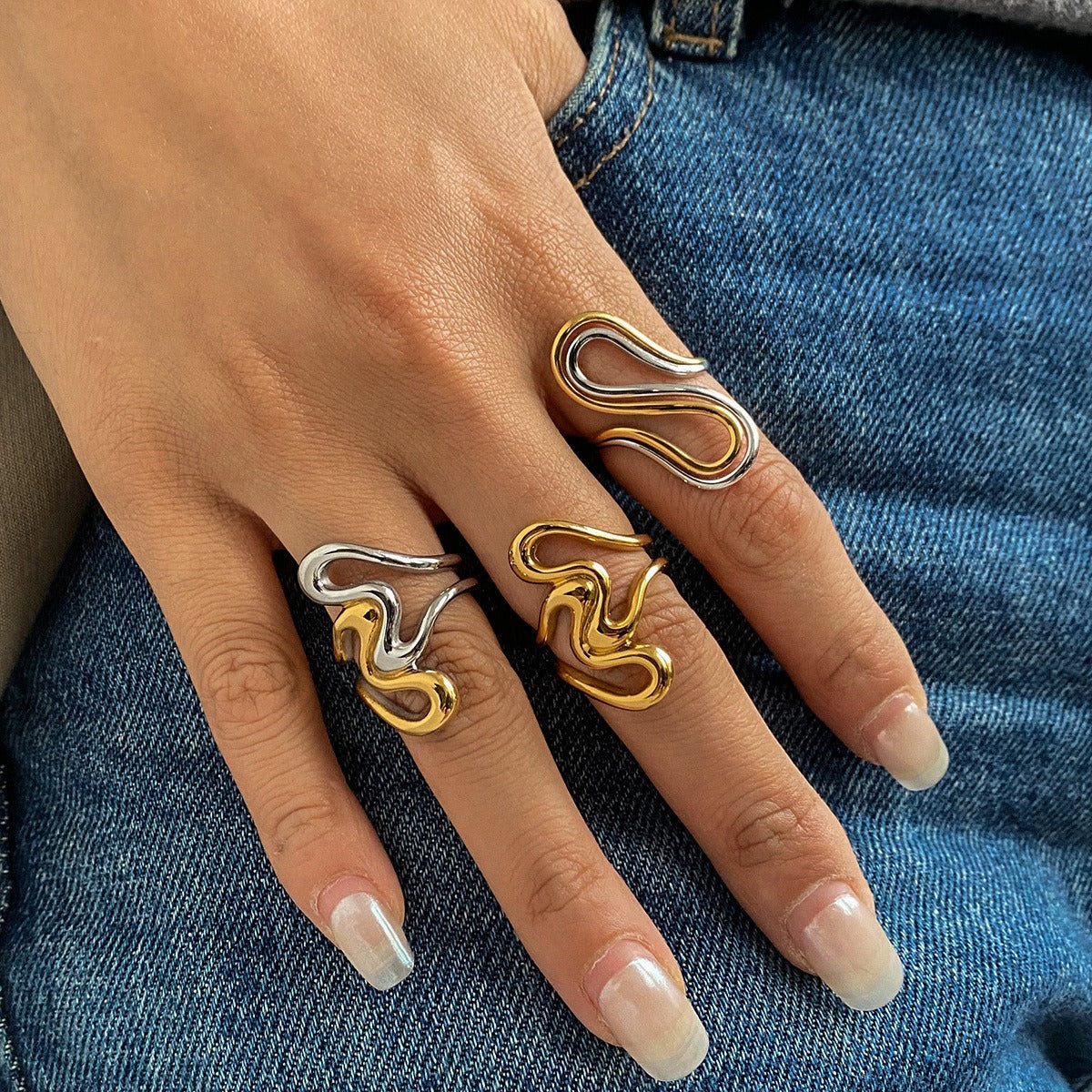 18K gold irregular lines with gold and silver color matching design unique personality ring Vera Lux