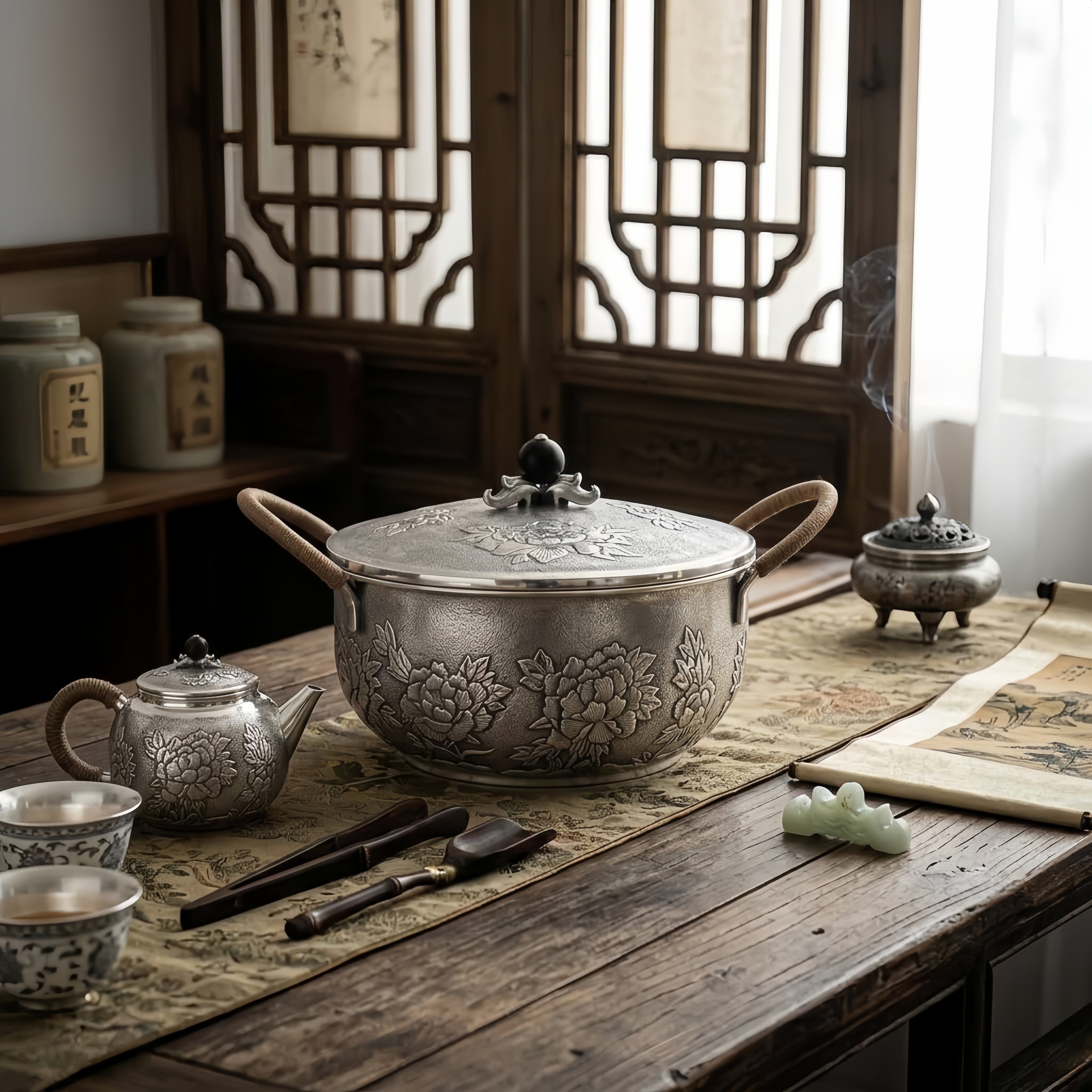 925 Sterling Silver Elegant Handcrafted  Serving Pot with Floral Motifs and Wooden Handles-Premium Hot Pot - Handicraft Vera Lux