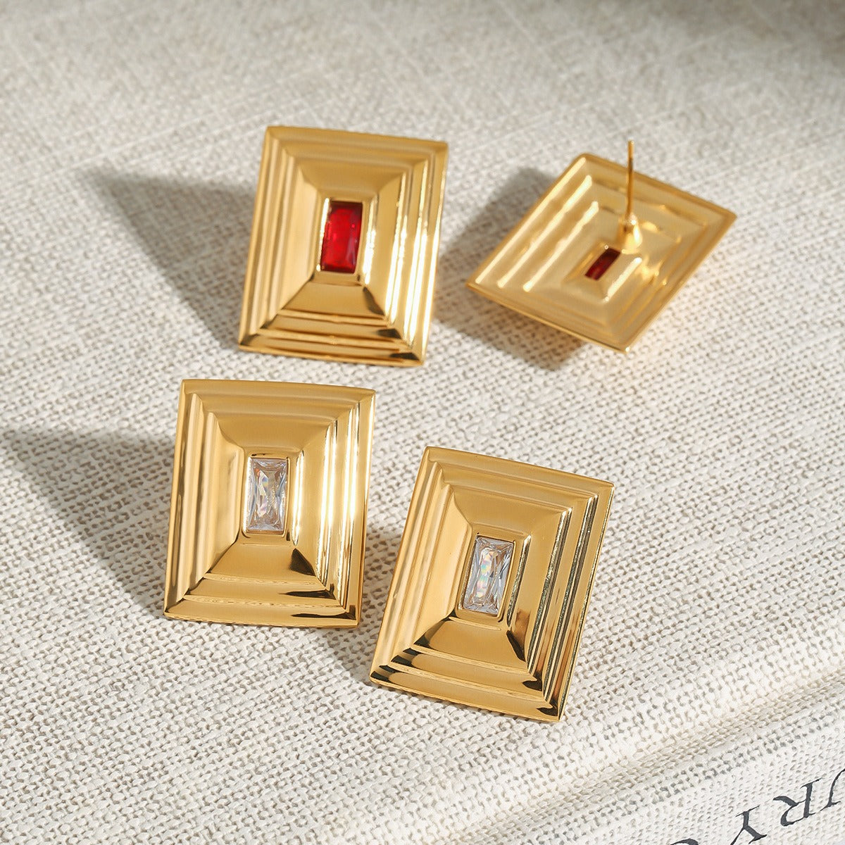 18k gold rectangular inlaid gemstone with concave pattern design exquisite and noble earrings Vera Lux