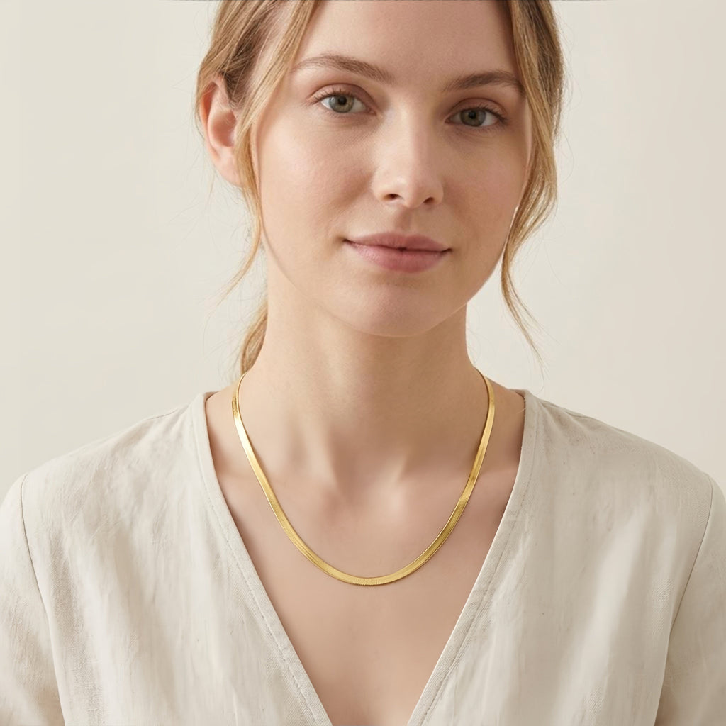 925 Sterling Silver Elegant Gold Herringbone Chain Necklace Vera Lux