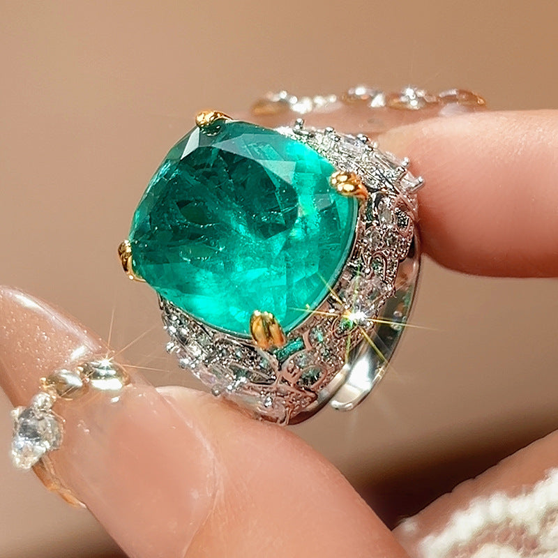 2026 New Zircon Ring For Women, Rectangular Simulated Sapphire & Paraiba Tourmaline, High-End Luxury Jewelry Vera Lux