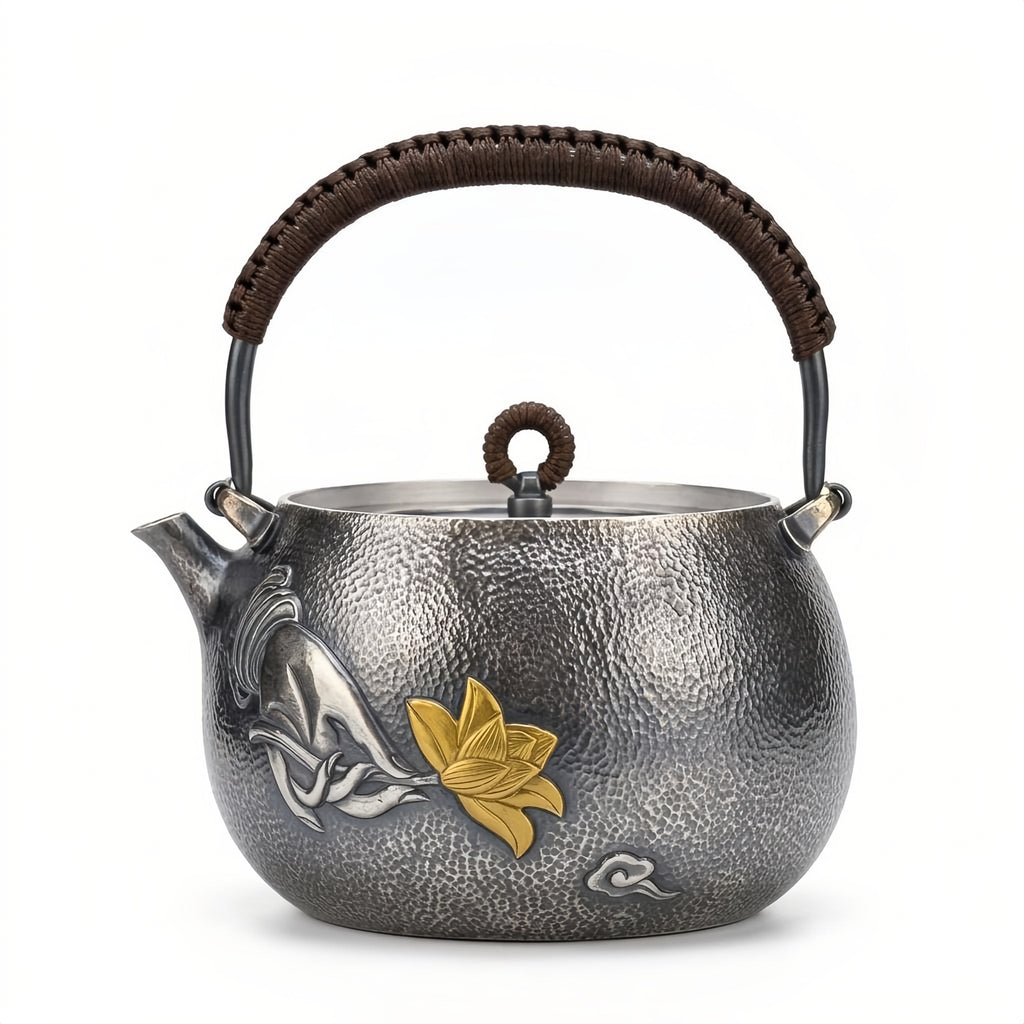 Pure 999 Fine Silver Artisanal Hammered Silver-Finish Teapot with Hand-Carved Gilded Lotus and Woven Rattan Handle - Handicraft Vera Lux