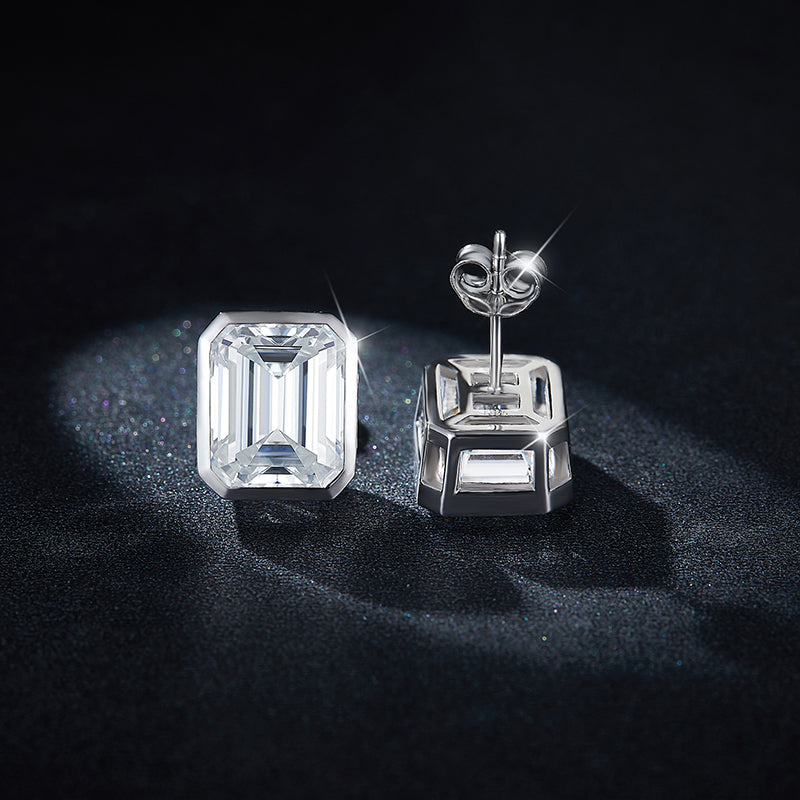 S925 Sterling Silver 8x10mm Emerald Cut Moissanite Stud Earrings  Platinum Plated Geometric Bezel With GRA Certificate Jewelry Gift Box Set Vera Lux