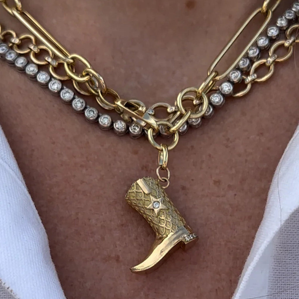 18K gold boots inlaid with gemstones and textured design trendy and unique necklace Vera Lux