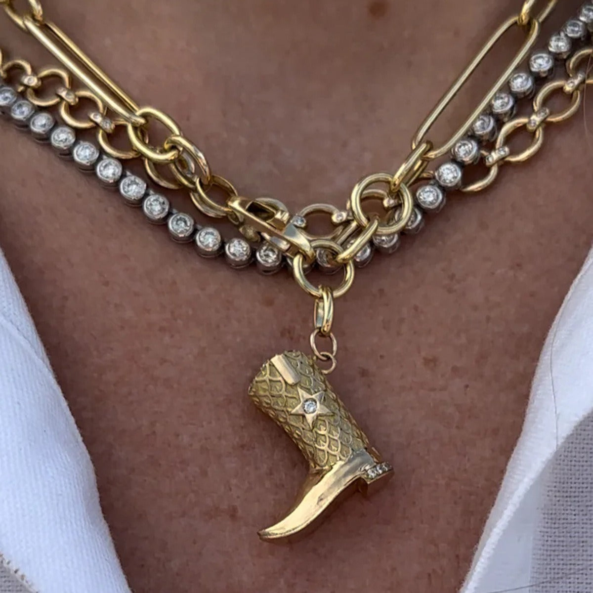 18K gold boots inlaid with gemstones and textured design trendy and unique necklace Vera Lux