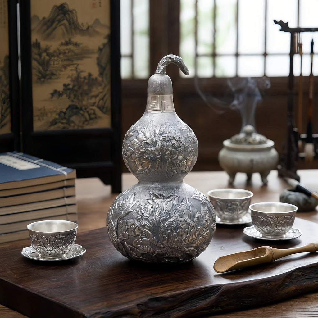 Pure 999 Fine Silver Ornate Silver-Toned Double Gourd Vessel with Intricate Floral Engravings - Handicraft Vera Lux