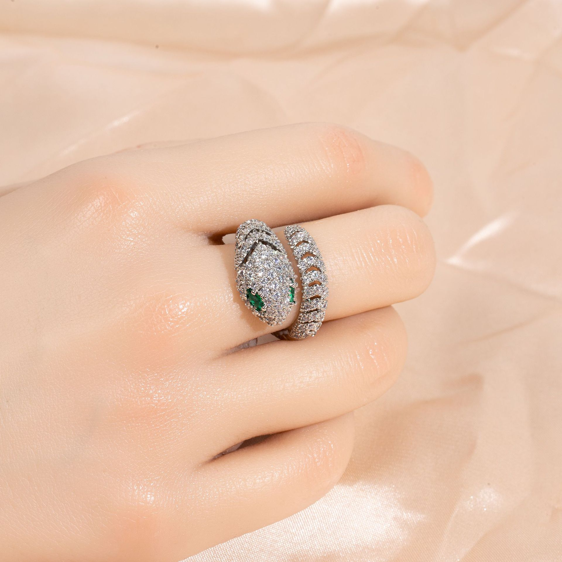 Snake-Shaped Adjustable Open Ring with Zircon Inlay Vera Lux