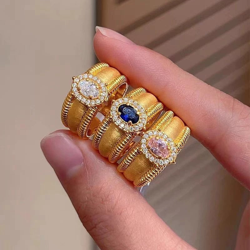Vintage Brushed Wide Band Bead Ring, Sparkling Zircon Adjustable Open Ring, Court Style For Women Vera Lux
