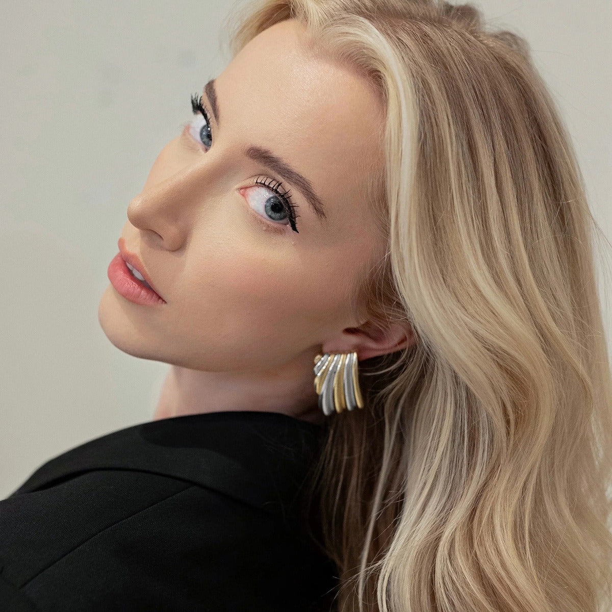 18K gold geometric shape with gold and silver color matching design classic personality earrings Vera Lux