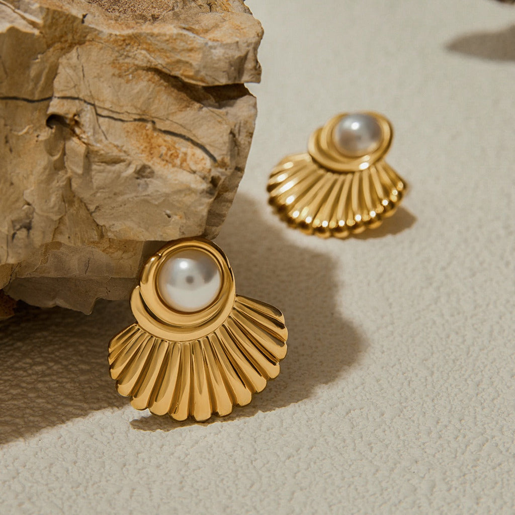 18K gold geometric inlaid pearls exquisite design noble earrings Vera Lux