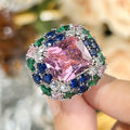 Luxury Oval Cut Simulated Emerald Ring, Multi-Color Gemstone Pave Setting Statement Ring For Women Vera Lux