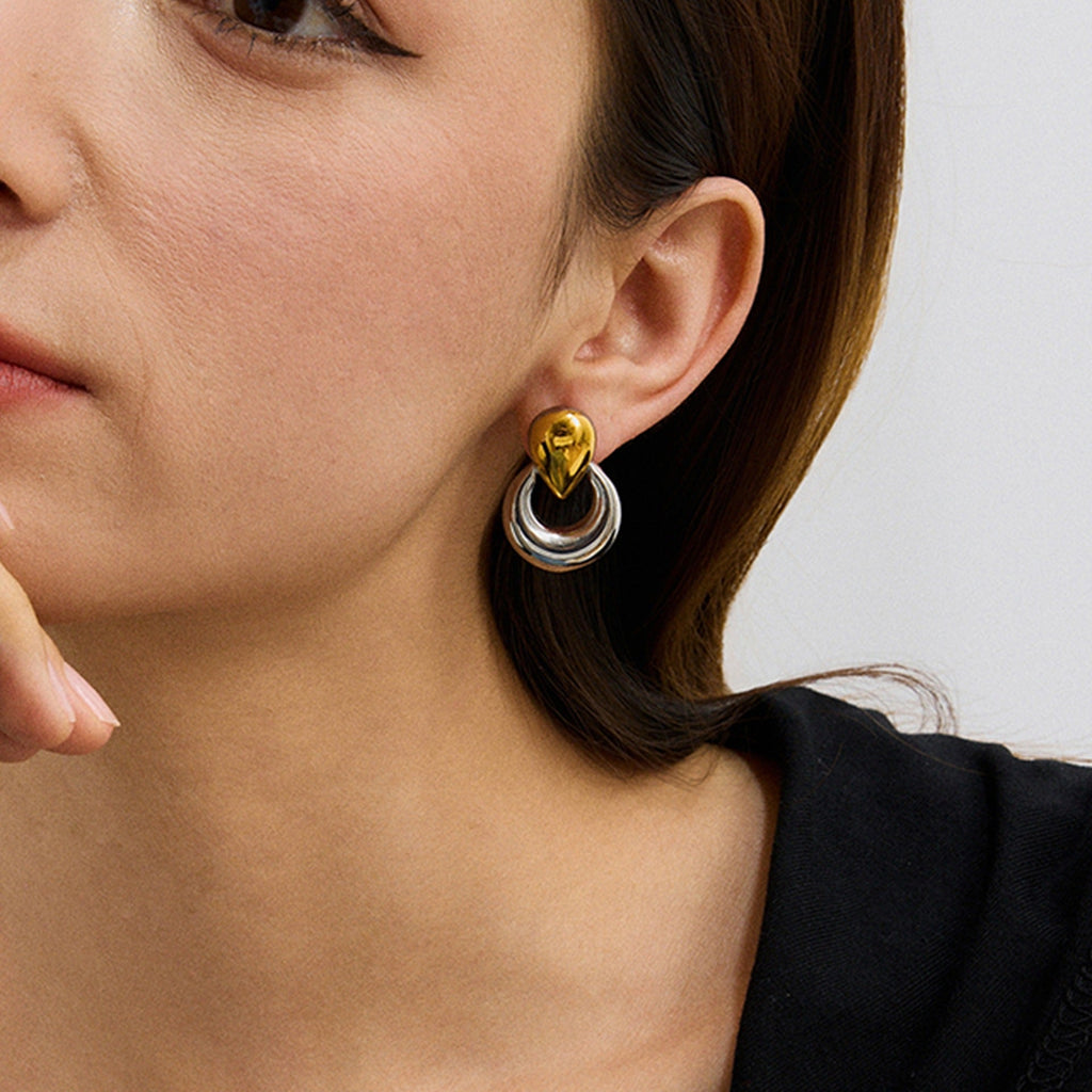 18K gold U-shaped and teardrop-shaped earrings with gold and silver color matching design, trendy and unique Vera Lux