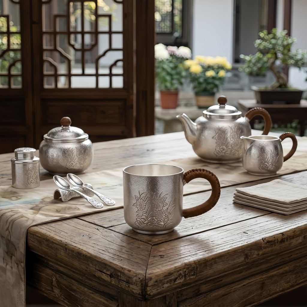 925 Sterling Silver Elegant Silver Tea Cup with Embossed Floral Design and Woven Rattan Handle - Handicraft Vera Lux