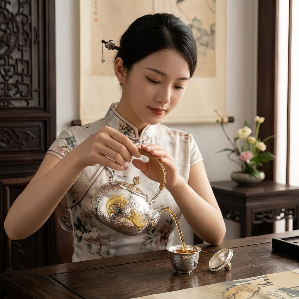925 Sterling Silver Exquisite Silver Teapot Featuring Handcrafted Gilded Carp and Intricate Floral Motifs - Handicraft Vera Lux