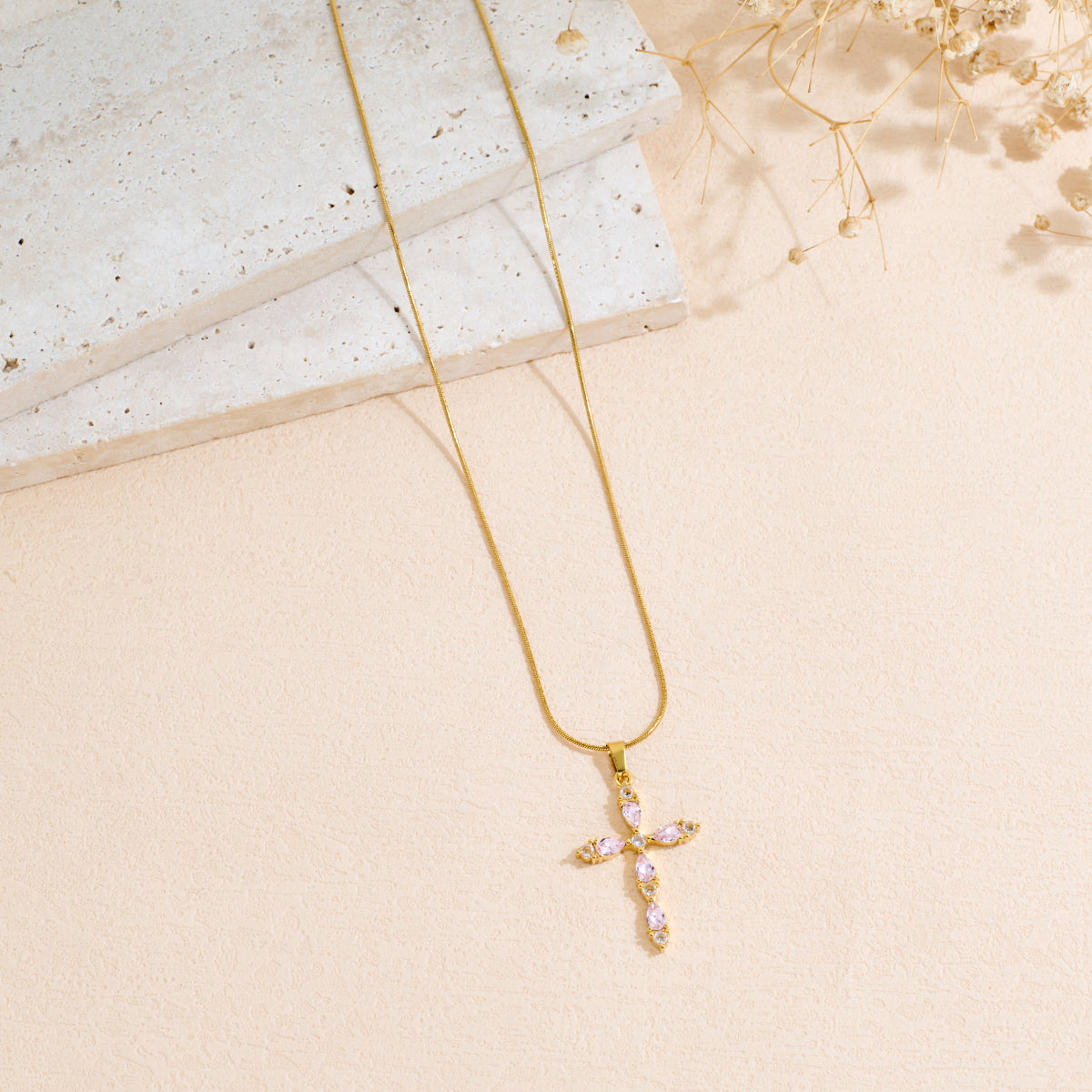 Stainless Steel Cross Pendant Necklace With Colored Zircon Snake Bone Chain Vera Lux