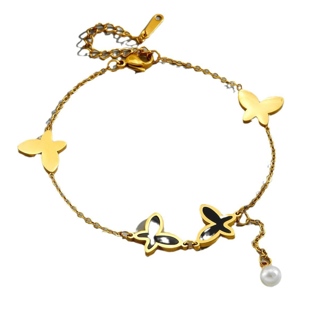 Pearl chain tassel butterfly beach style metal titanium steel anklet Vera Lux