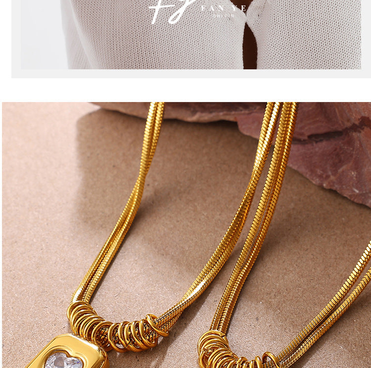 Diamond-studded Heart-shaped Snake Bone Chain Stainless Steel Necklace For Women - Luxurious And High-end, Double-layered And Stackable, Perfect For All Occasions. Vera Lux