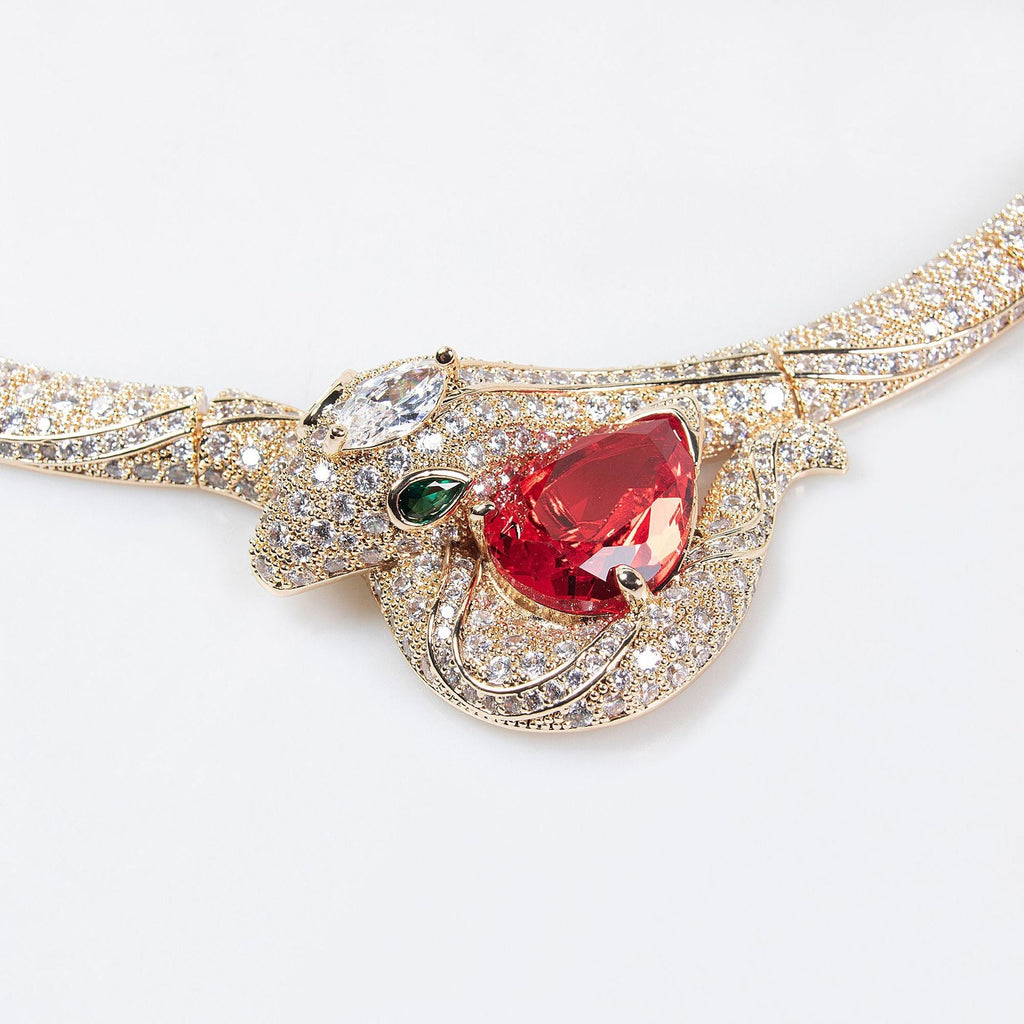 18K Gold "Petite Luxury" Snake-and-Bamboo-Knot Zircon Necklace Vera Lux