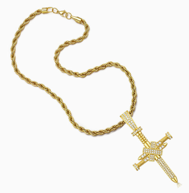 Full-Zircon Nail Cross Pendant Hip-Hop Vintage Punk Cross Necklace Vera Lux