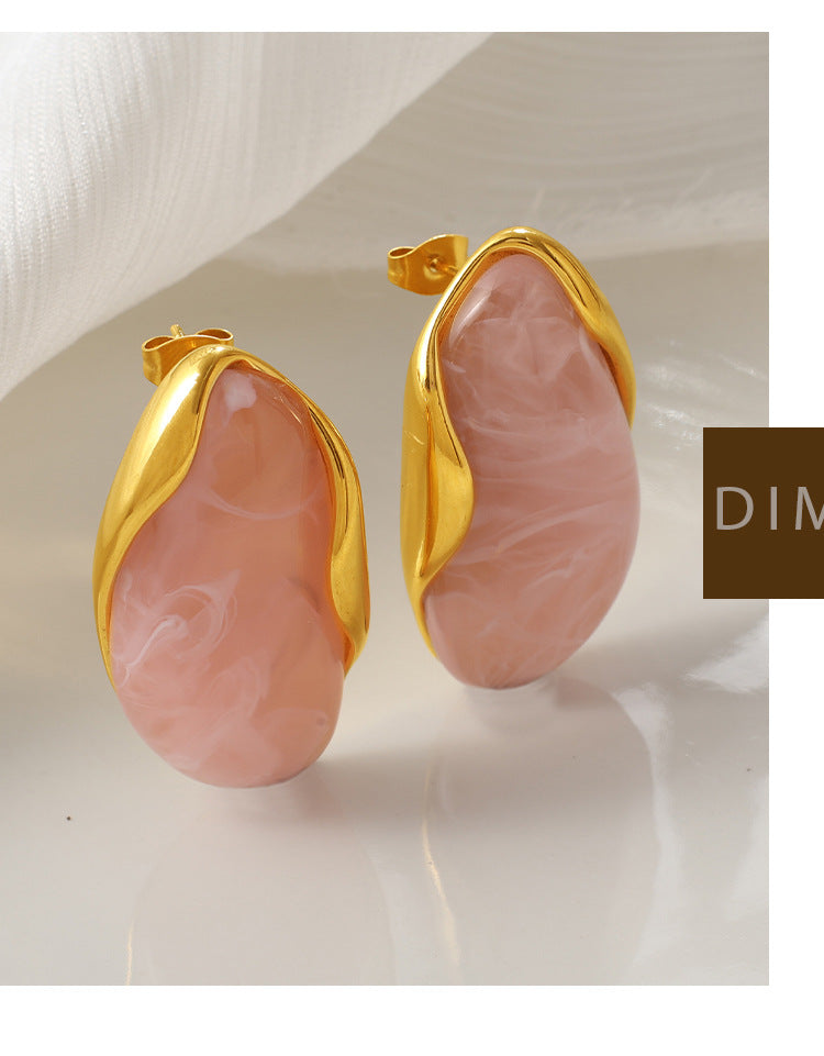 European And American Retro Irregular Amber Powder-white-blue Gradient-dyed Gold-edge Ear Ring, Non-fading, 18K Gold-plated, Exclusive Small-sized Earrings Vera Lux