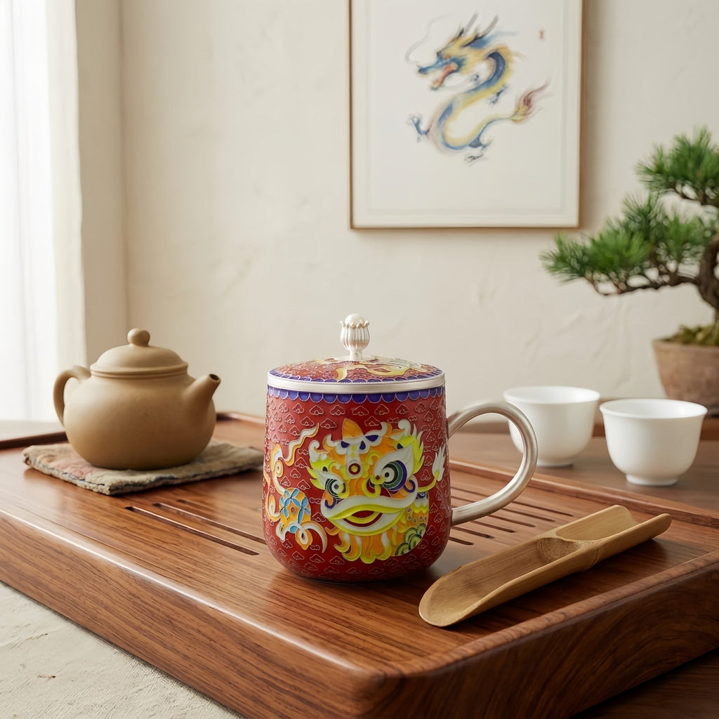Pure 999 Fine Silver Chinese Lion Dance Enamel Mug: Traditional Artistry and Cultural Heritage-Premium Indigo Tea Mug - Handicraft Vera Lux