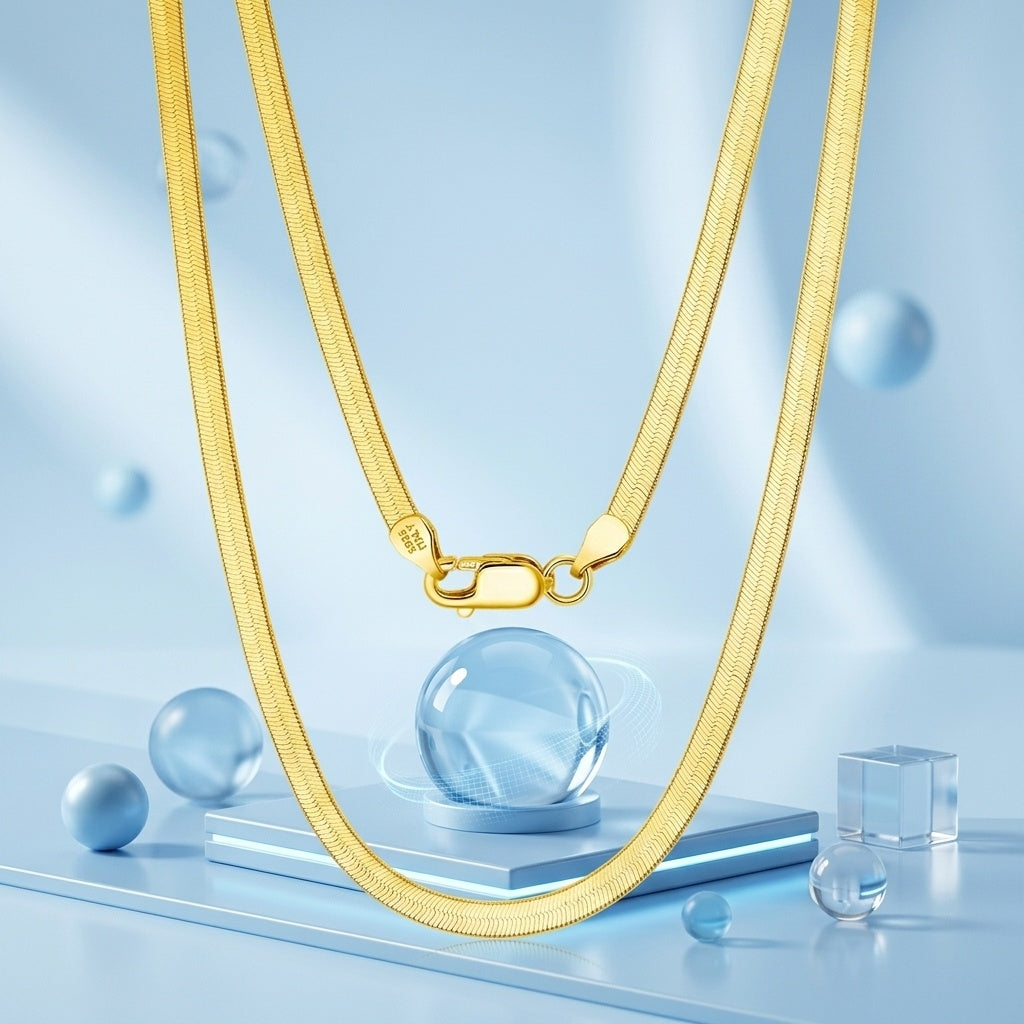 925 Sterling Silver Elegant Gold Herringbone Chain Necklace Vera Lux