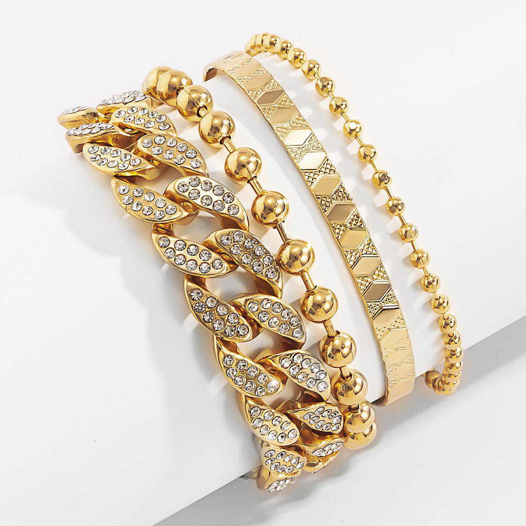 Diamond-studded Cuban buckle bracelet Hip-hop personalized round bead chain pattern bracelet set Vera Lux