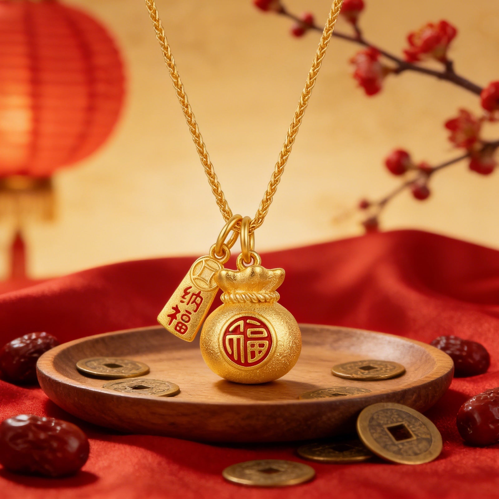 925 Sterling Silver Traditional Fortune Money Bag Necklace with Red Fu Character and Prosperity Tag Vera Lux