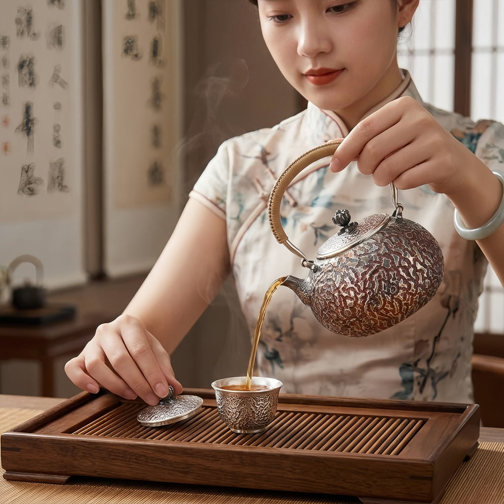 925 Sterling Silver Exquisite Handcrafted Silver-Toned Teapot with Ornate Patterning and Cord-Wrapped Handle - Handicraft Vera Lux
