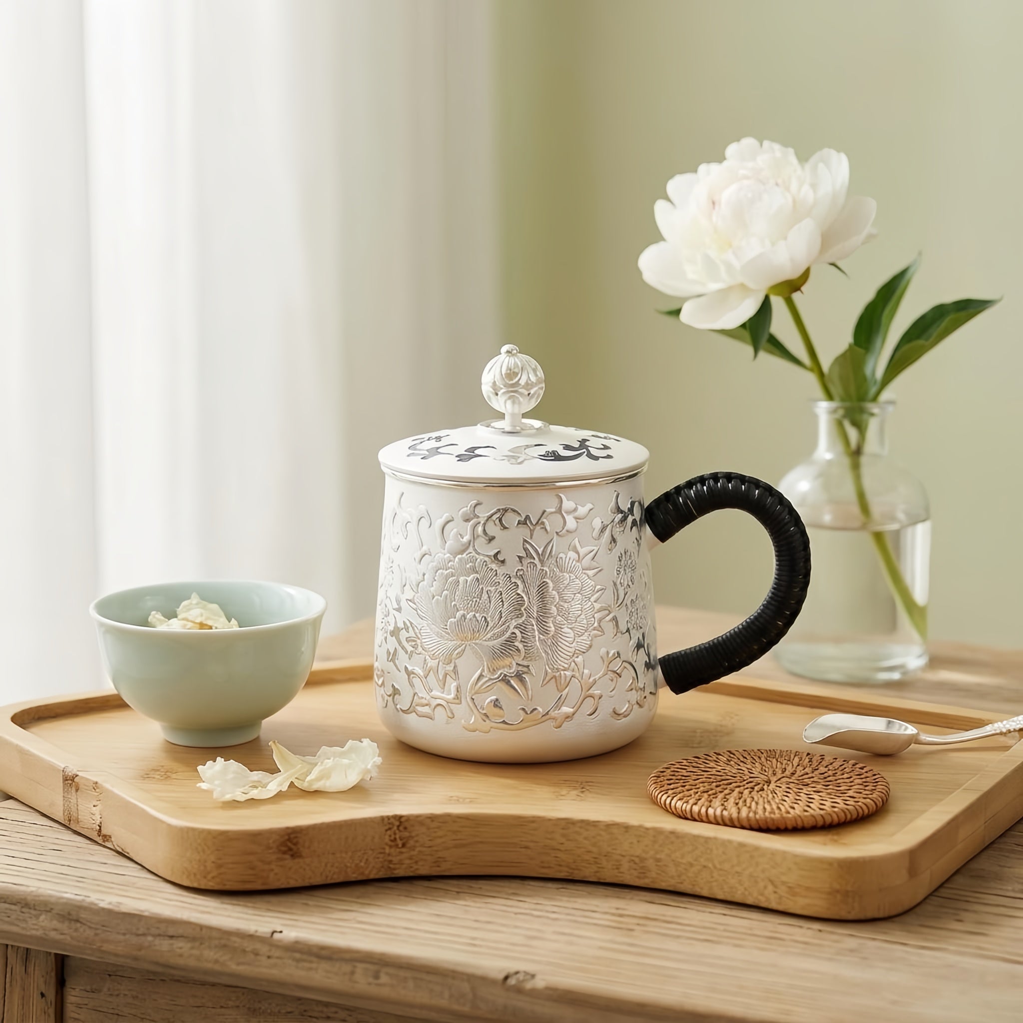 Pure 999 Fine Silver Ornate Silver Floral Porcelain Mug with Decorative Lid and Handcrafted Wrapped Handle - Handicraft Vera Lux