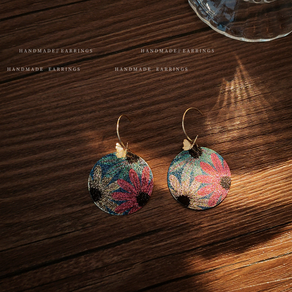 Real Gold-Plated Round Geometric Statement Earrings With Butterflies And Flowers Vera Lux