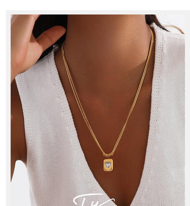 Diamond-studded Heart-shaped Snake Bone Chain Stainless Steel Necklace For Women - Luxurious And High-end, Double-layered And Stackable, Perfect For All Occasions. Vera Lux
