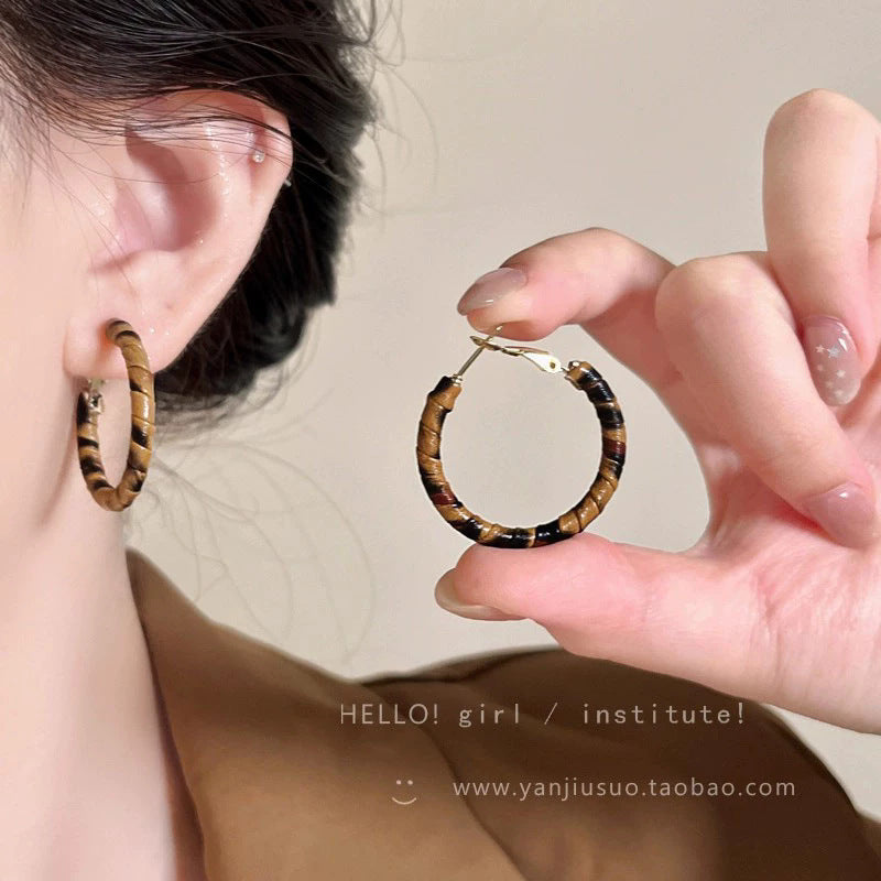 Vintage Leopard Print Woven Hoop Earrings For Women, Dainty Zebra Stripe Large Circle Earrings, Y2K Retro Boho Statement Jewelry Gift Vera Lux