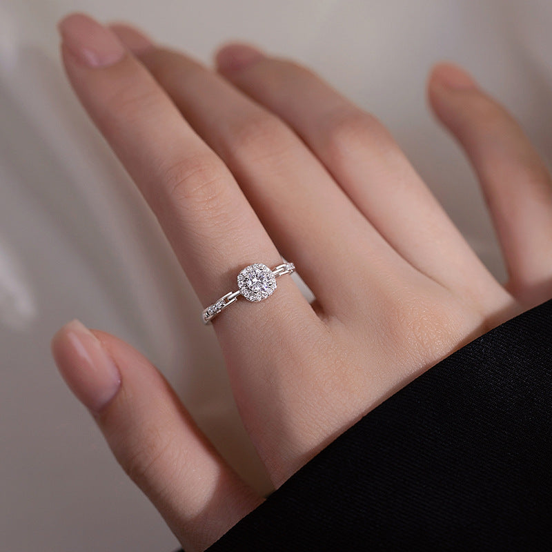 S999 Pure Silver Full Zircon Square Sugar Ring For Women, Niche INS Style, Light Luxury Premium Square Zircon Chain Index Finger Ring Vera Lux