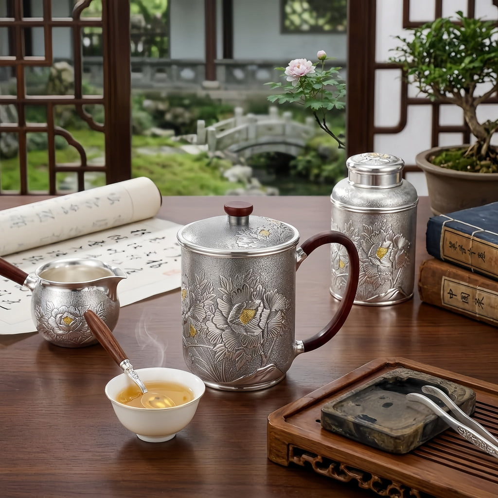Pure 999 Fine Silver Handcrafted Silver Mug with Embossed Peony Motifs and Rosewood Accents - Handicraft Vera Lux