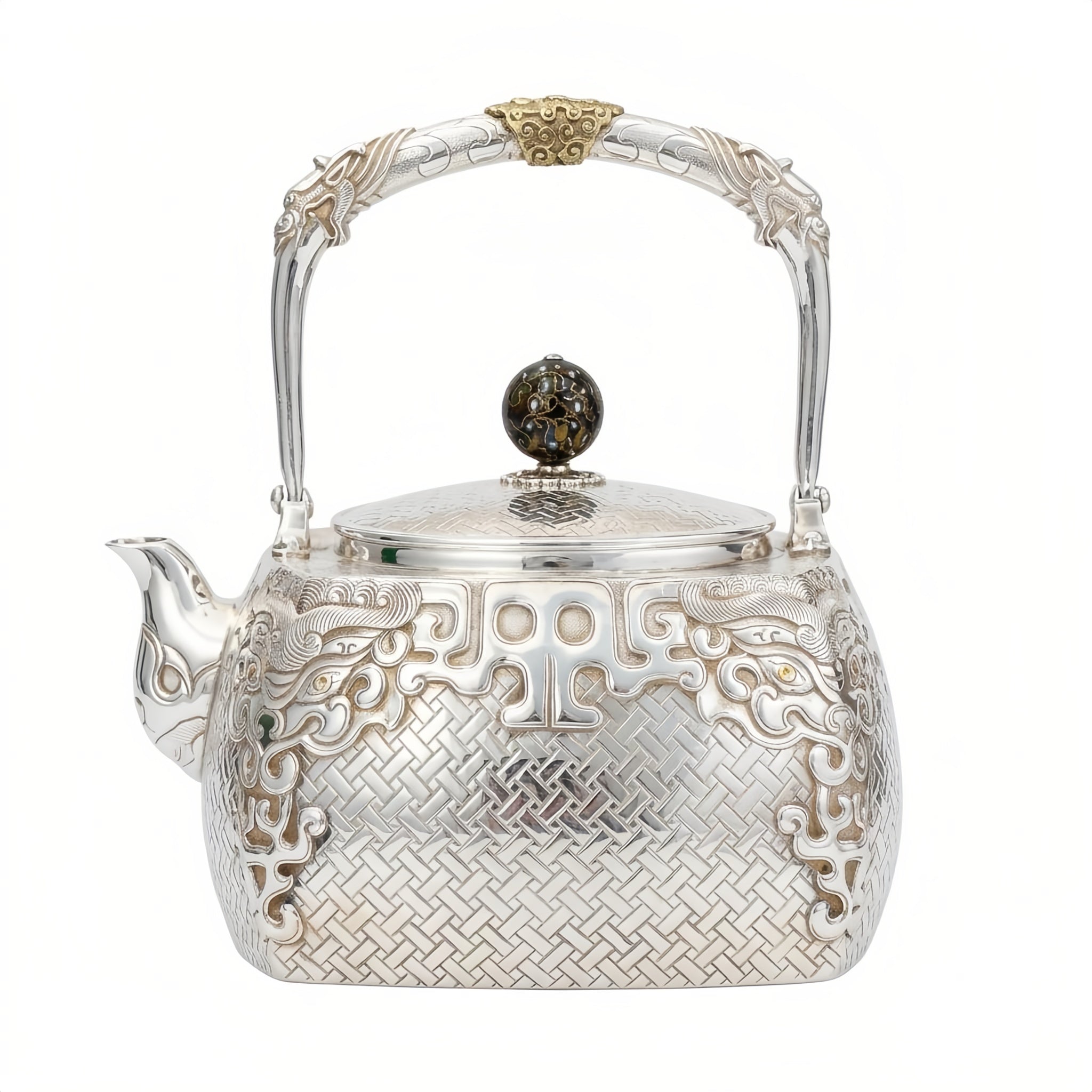 Pure 999 Fine Silver Elegant Handcrafted Silver Teapot Featuring Intricate Basketweave Texture and Traditional Oriental Filigree Accents - Handicraft Vera Lux