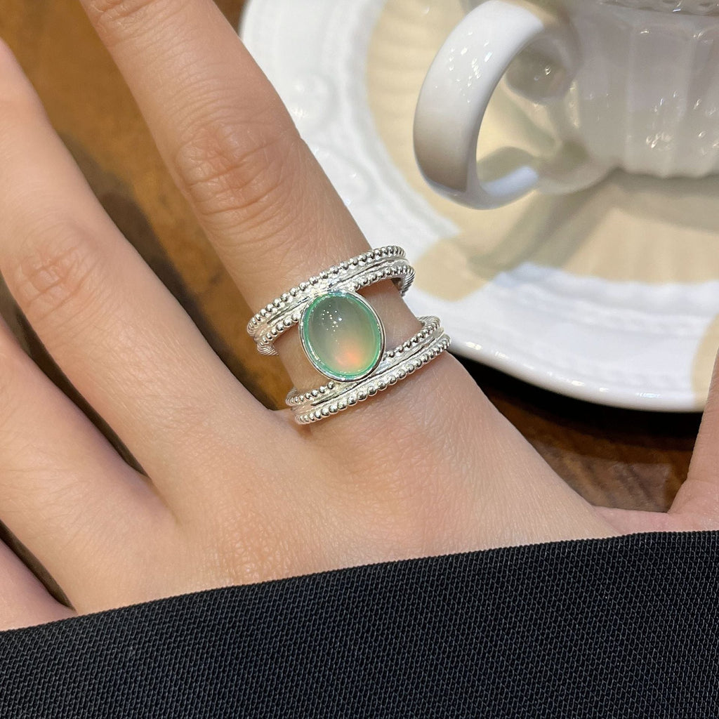 S925 Sterling Silver Retro Green Double-Strand Ring For Women Open-End Adjustable Vera Lux