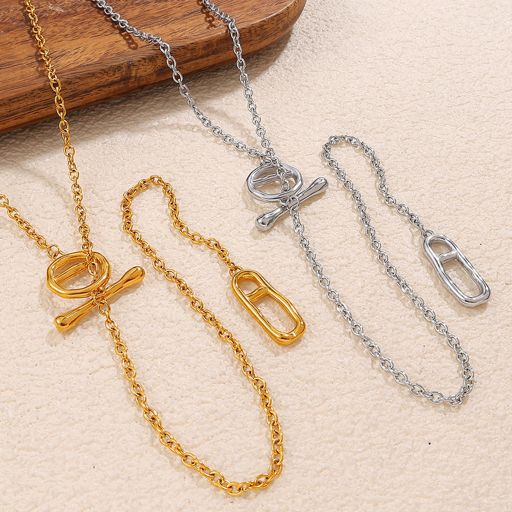 Japanese Style Minimalist Long Sweater Chain Necklace, Stainless Steel Pig Nose Pendant With OT Clasp, Fashion Simple Jewelry Vera Lux