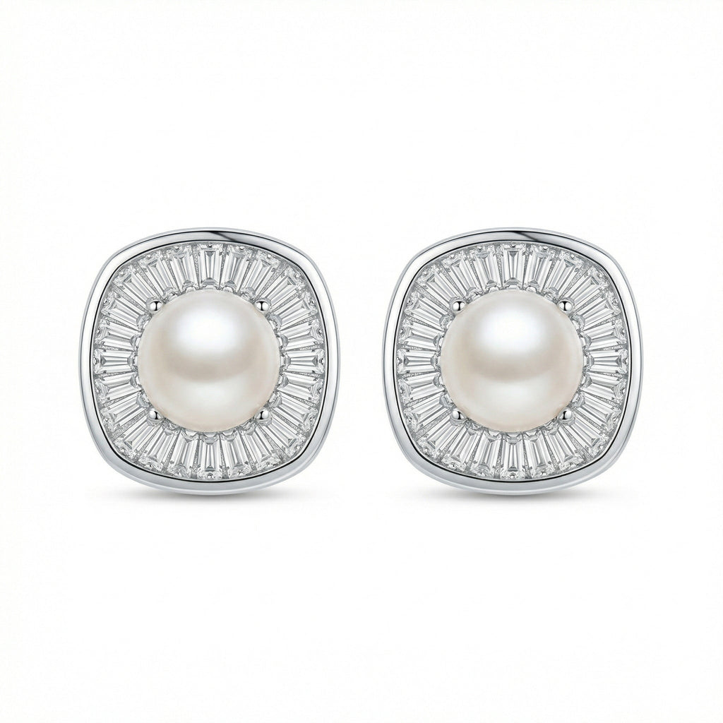 925 Sterling Silver Radiant Pearl and Tapered Baguette CZ Cushion Halo Stud Earrings Vera Lux