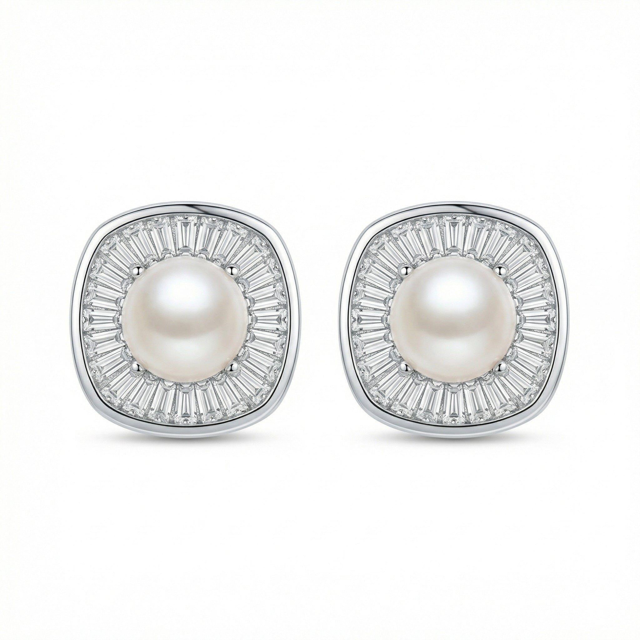 925 Sterling Silver Radiant Pearl and Tapered Baguette CZ Cushion Halo Stud Earrings Vera Lux