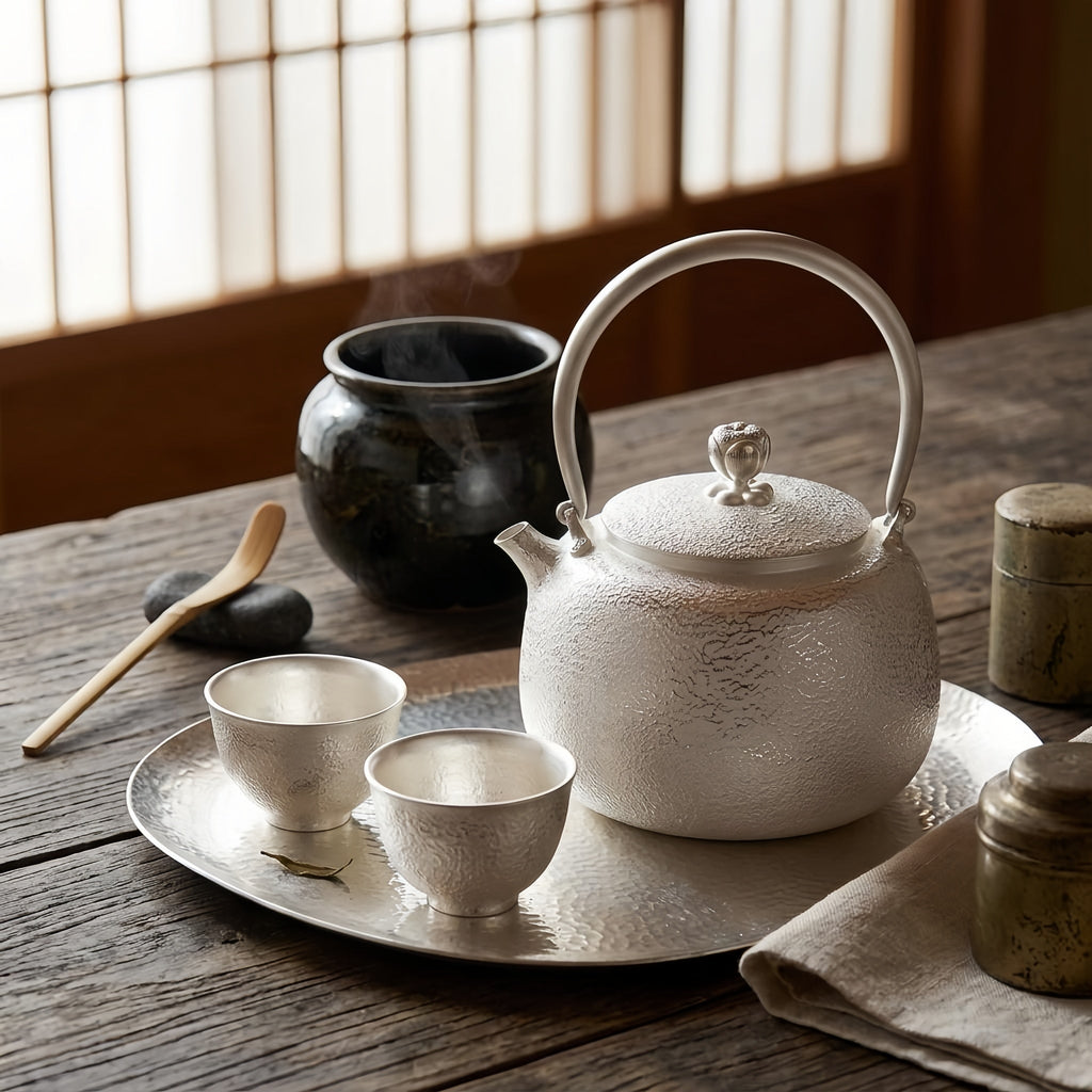 Pure 999 Fine Silver Handcrafted Fine Silver Teapot with Hammered Texture and Elegant Arched Handle - Handicraft Vera Lux