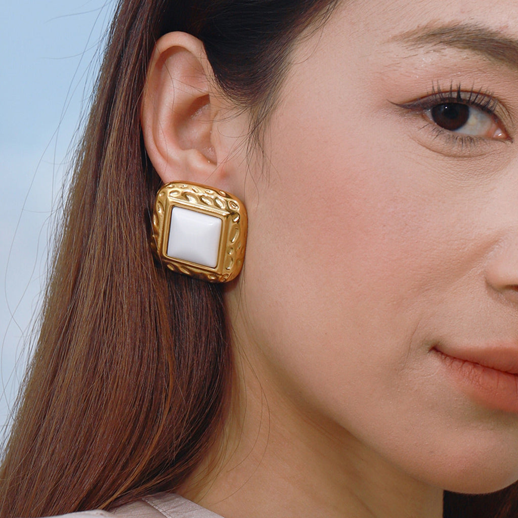 18K gold arc-shaped square inlaid gemstones with exquisite design and noble earrings Vera Lux