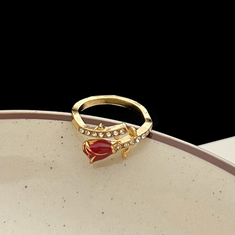 Enamel Red Rose Ring For Women, Light Luxury New Year Index Finger Ring, Open Adjustable Niche Design Delicate Ring Vera Lux