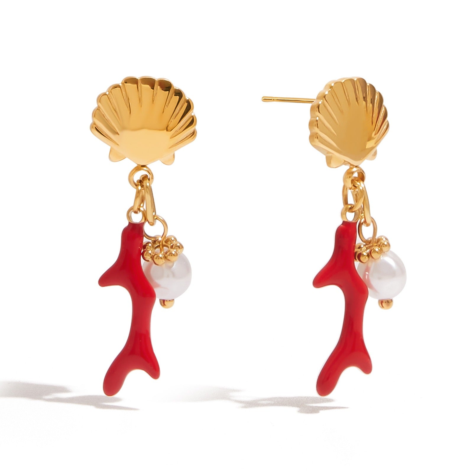 18K gold shell and coral design exquisite and noble earrings Vera Lux