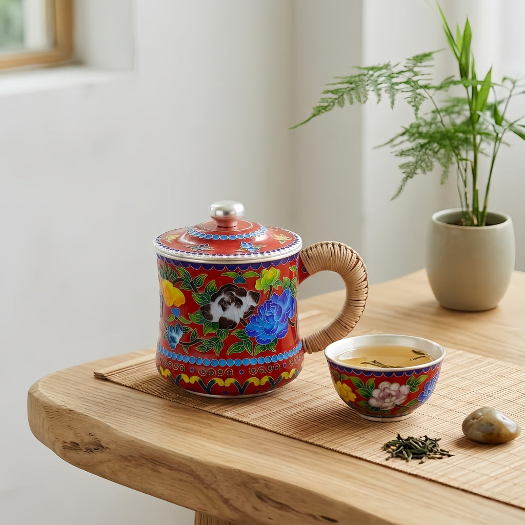 925 Sterling Silver Handcrafted Enamel Tea Cup with Bamboo Handle and Vibrant Floral Design-Premium Indigo Tea Mug - Handicraft Vera Lux