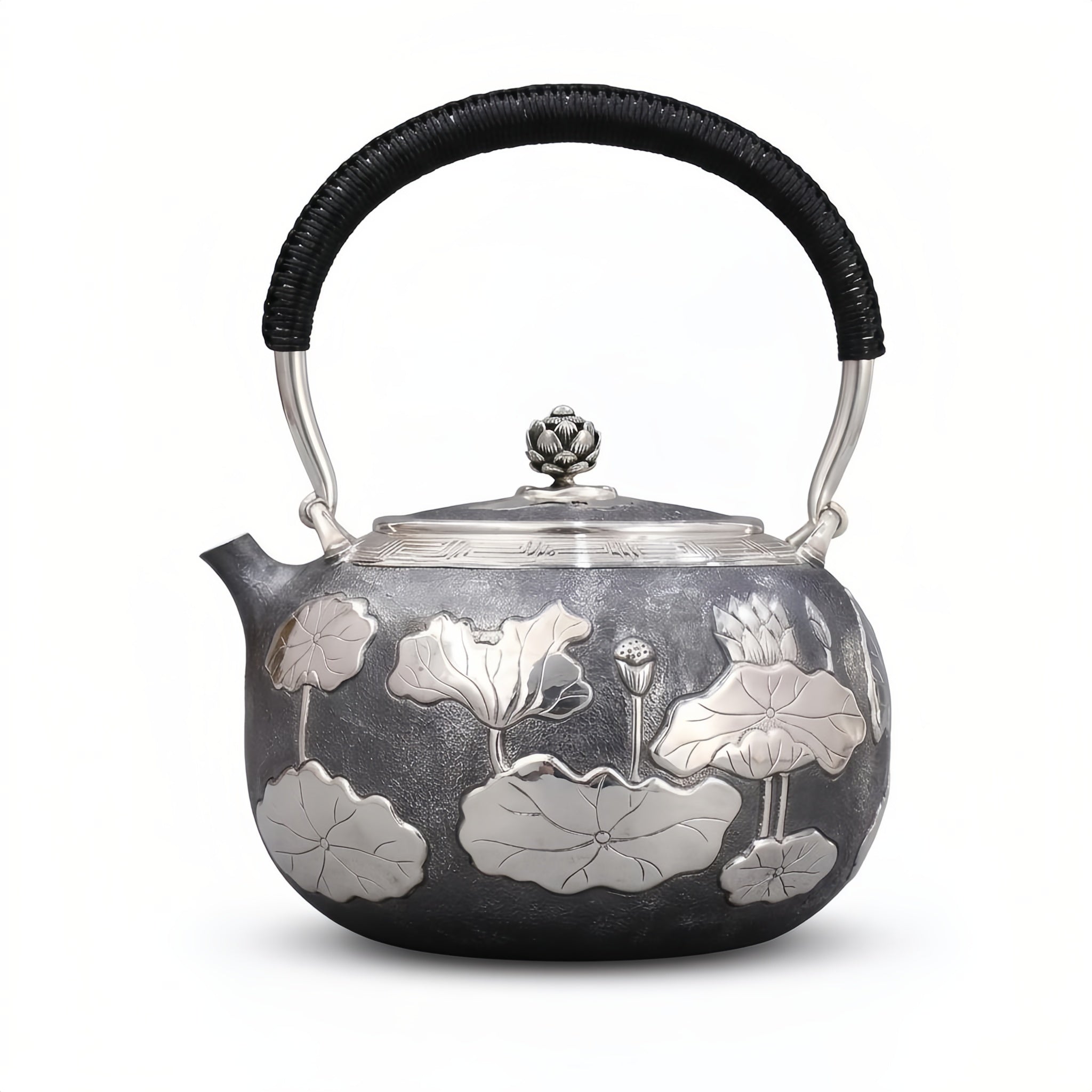 925 Sterling Silver Artisan Crafted Silver Teapot Featuring Embossed Lotus Pond Motif and Black Cord Handle - Handicraft Vera Lux