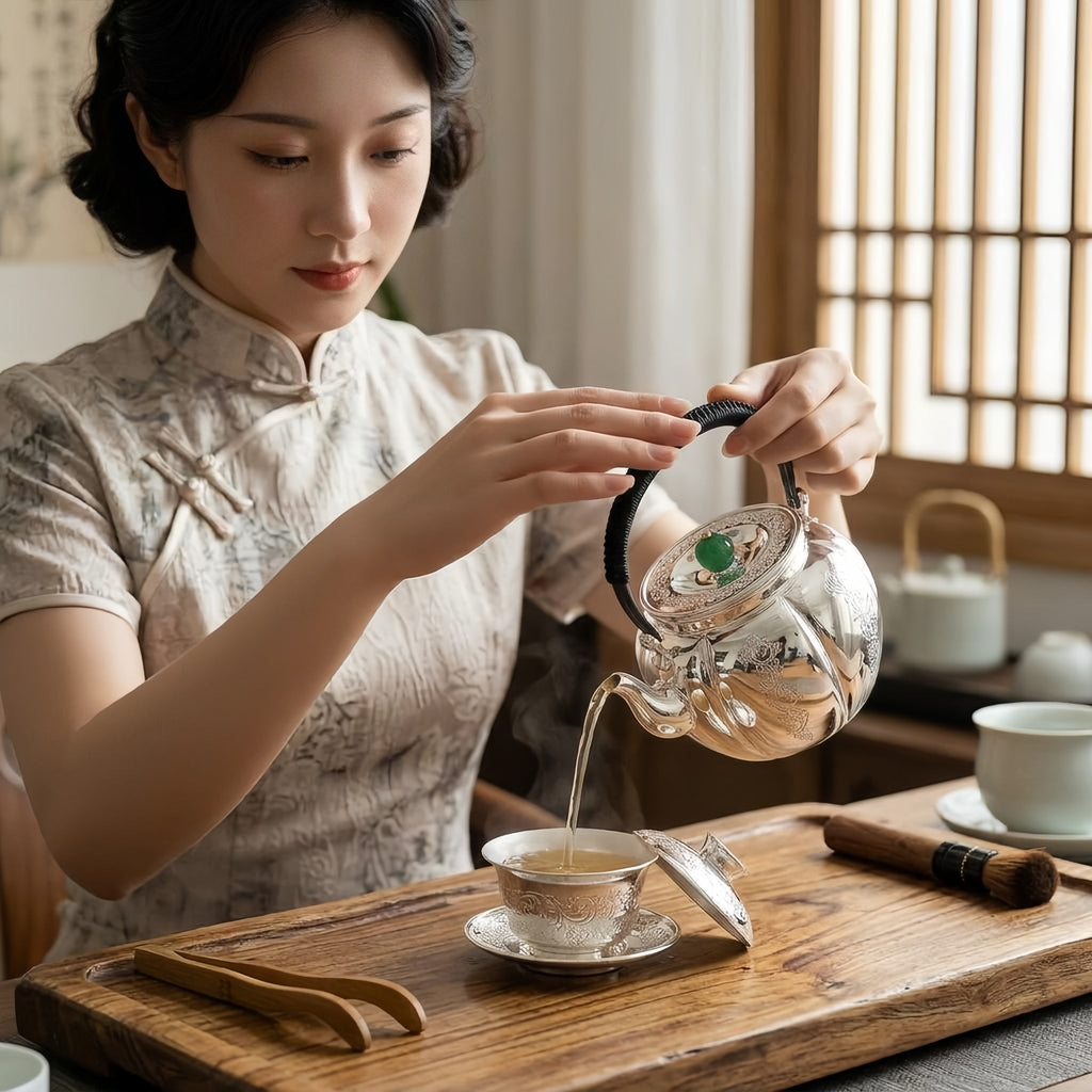 Pure 999 Fine Silver Elegant Silver Teapot with Green Jade Finial and Woven Black Handle - Handicraft Vera Lux