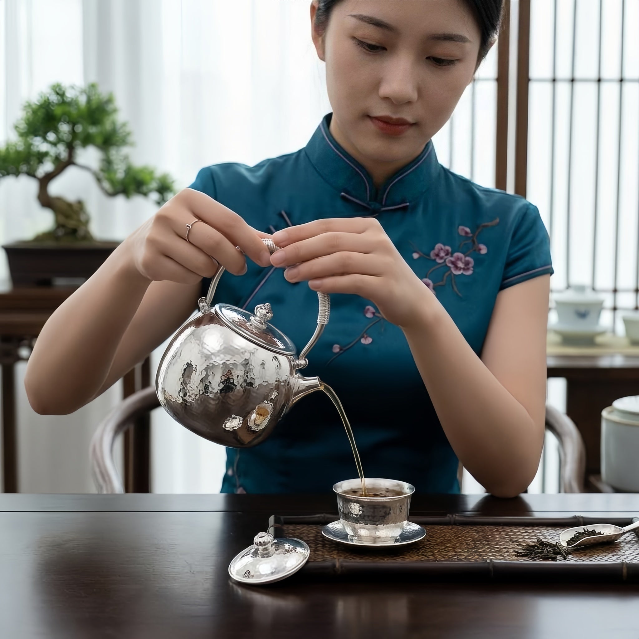Pure 999 Fine Silver Elegant Hand-Hammered Polished Silver Teapot with Traditional Woven Handle - Handicraft Vera Lux