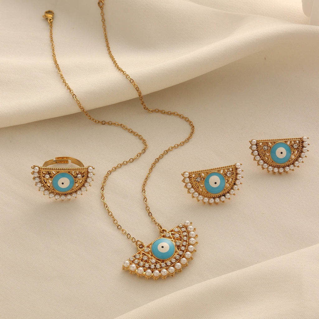 Turkish Evil Eye Necklace, Earrings and Ring Set Vera Lux